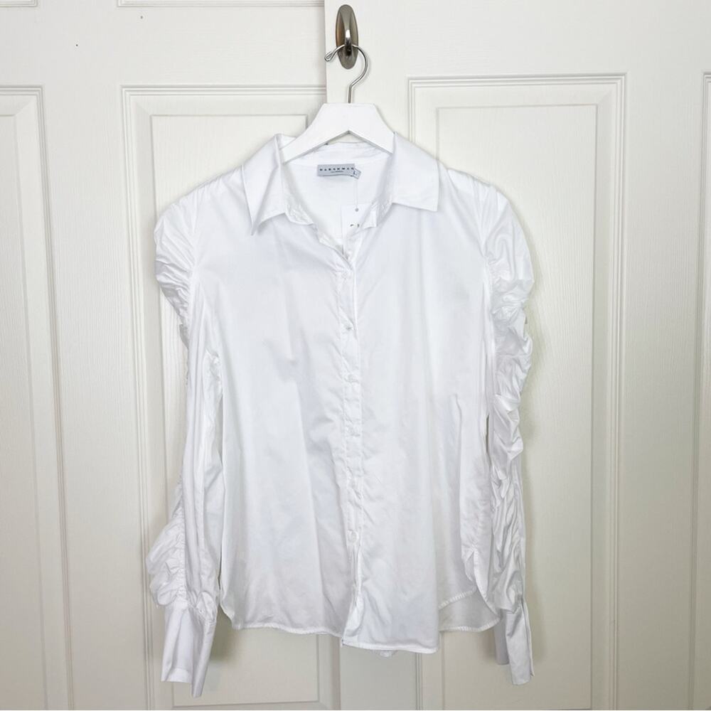 Anthropologie Harshman Julianna White Ruched Puff Sleeve Shirt Poplin NWT Sz L - Picture 2 of 9